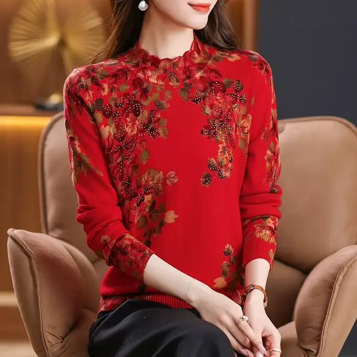 Chandail floral pour femmes, vêtement tricoté en polyester, décontracté et élégant pour automne-hiver 2025