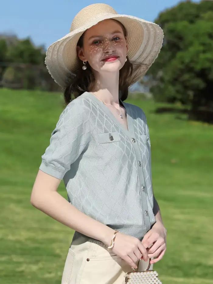 Je vous crois vert français parfumé carré tricoté pull été 2025 fausse poche Patch hauts simple boutonnage