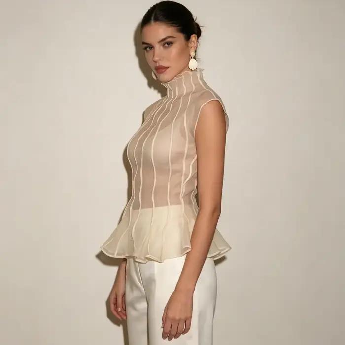 LIMO 2026 Nouvelle Blouse Femme en Organza Transparent Sans Manches Col Montant Volants Peplum Haut Élégant pour Soirée