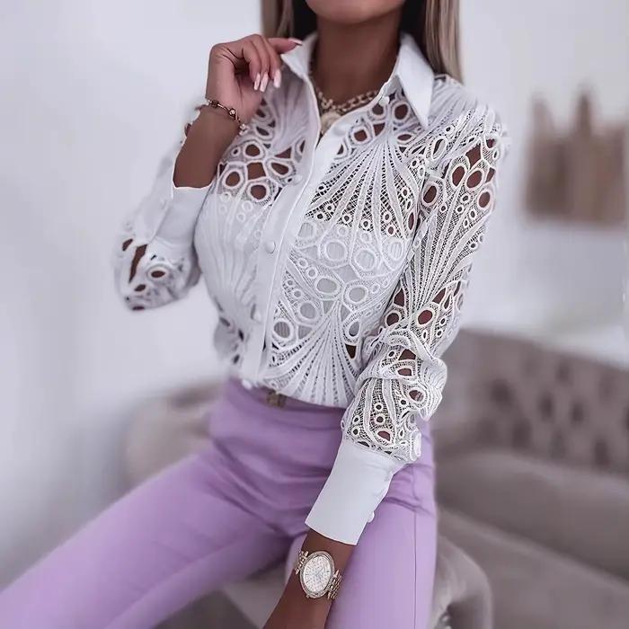 Chemisier femme oyao décontracté printemps automne dentelle découpée manches longues col rabattu motif floral ajouré pour sorties nocturnes et occasions spéciales
