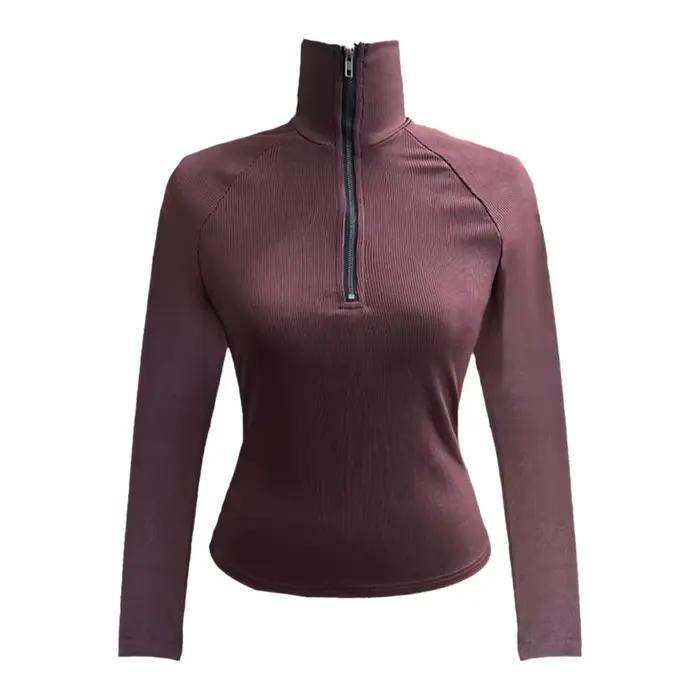 Haut tricoté élégant col semi-montant zipé pour femme printemps coupe ajustée manches longues couleur unie