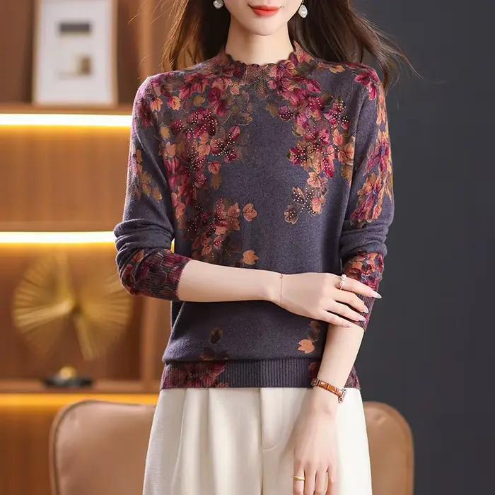 Chandail floral pour femmes, vêtement tricoté en polyester, décontracté et élégant pour automne-hiver 2025