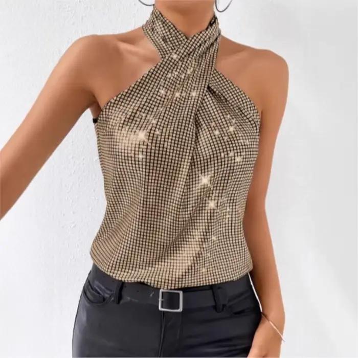 Top halter sexy et simple à paillettes, débardeur pour femme