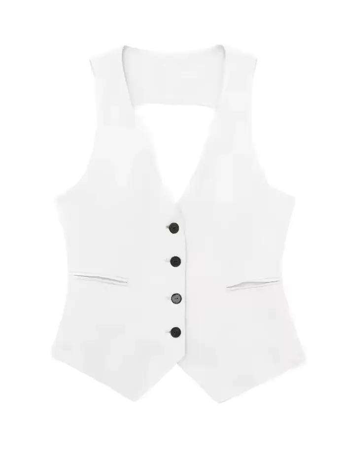 Gilet de costume noir et blanc ajusté à col en V pour femme – Idéal pour le bureau