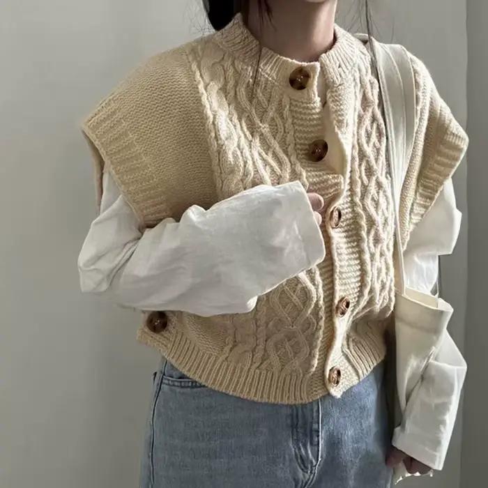 Pull en tricot torsadé pour femme junior sans manches basique ample court automne hiver polyester confortable