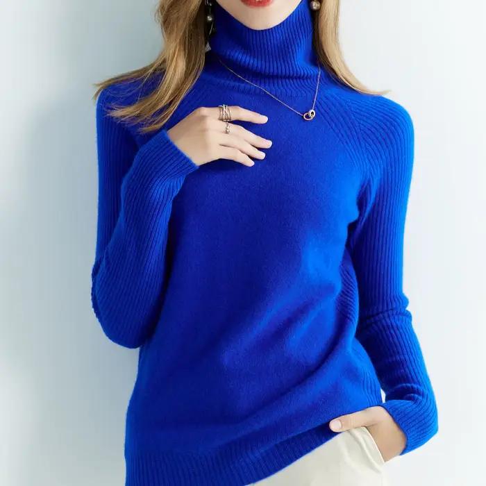 Pull en laine mérinos 100% pour femme, col roulé, manches longues, pull vintage pour automne et hiver