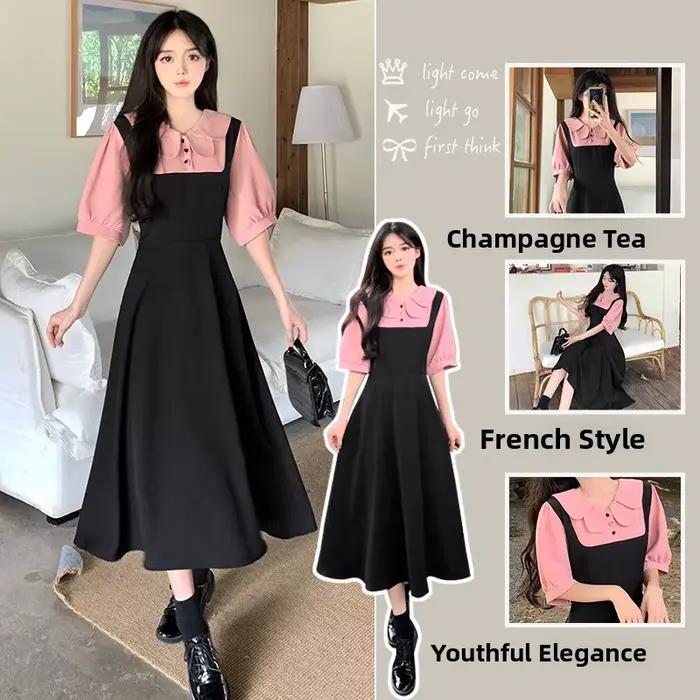 Robe longue trapèze à col Claudine de style français