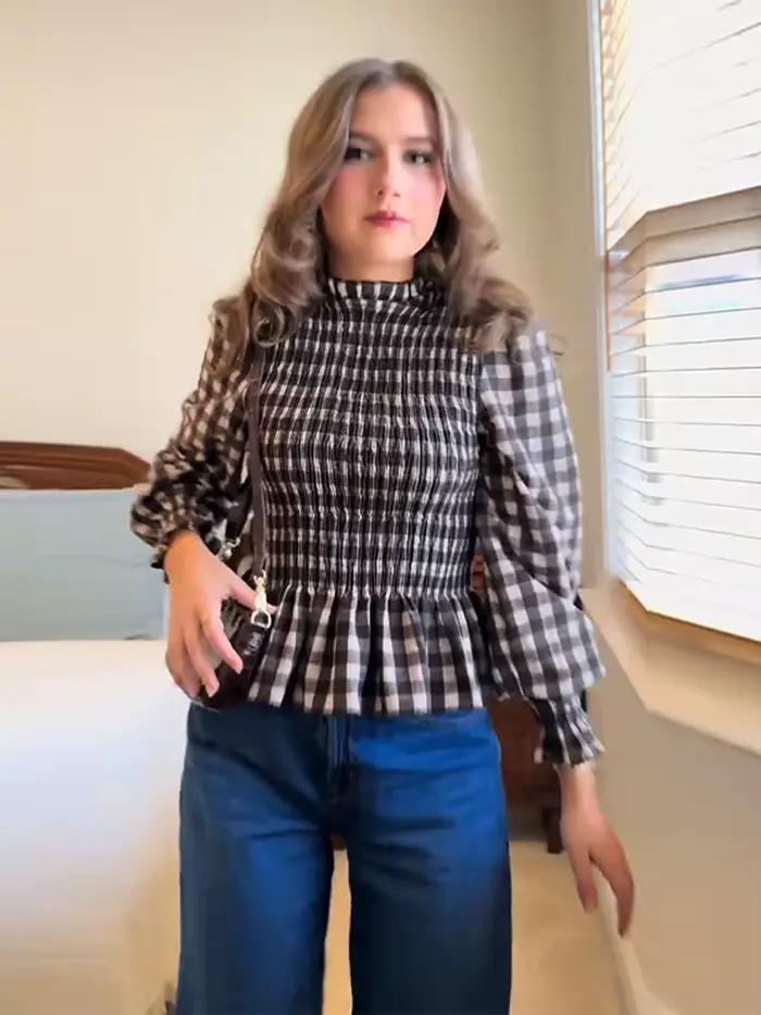 Élégant français Chic Blouse chemise rose Plaid Vintage volants longue lanterne manches mince décontracté dames femmes Blouses haut Streetwear