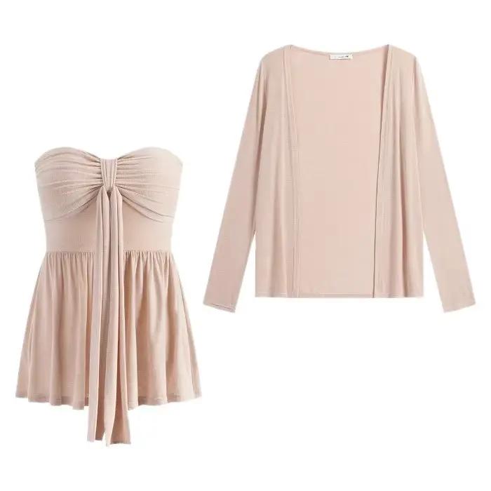 Ensemble élégant pour femme : Cardigan long à manches ouvertes et haut sexy sans bretelles avec coussinets intégrés – Style féminin raffiné