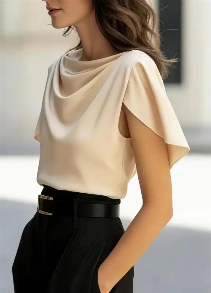 Chemise élégante à col drapé et manches papillon pour femmes