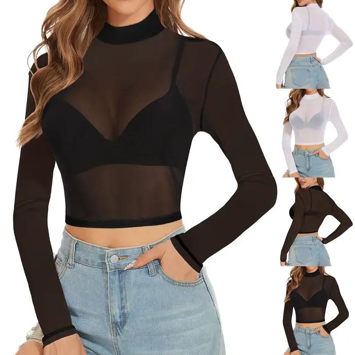 Grande taille S-5XL Sexy femmes T-Shirt voir à travers des hauts en maille transparente à manches longues pure mince