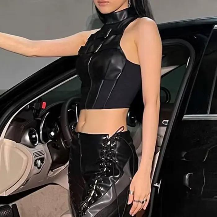 Débardeur SUCHCUTE Style Punk en cuir PU Patchwork pour femmes jeunes, décontracté et audacieux pour l'été et les occasions spéciales