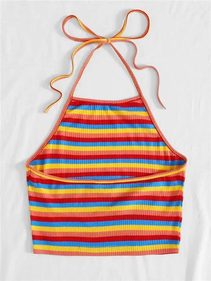 Haut court en tricot côtelé à rayures arc-en-ciel pour femmes