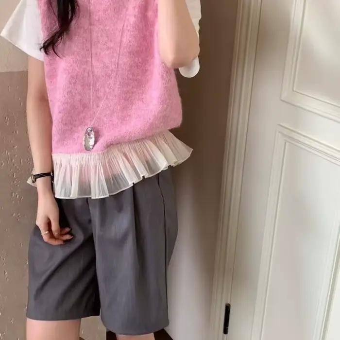 Gilet en tricot sans manches femme avec dentelle à volants et empiècements coupe ample style preppy pour toutes saisons occasions spéciales