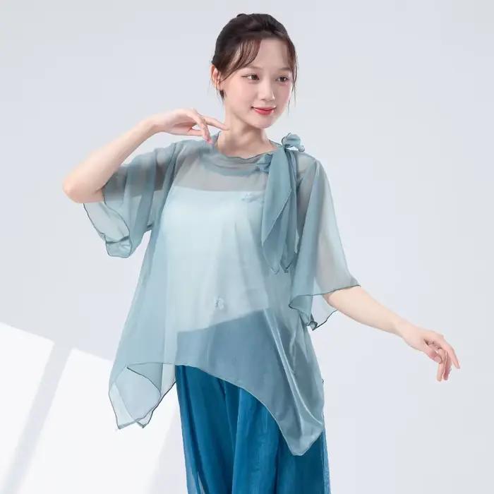 Haut de danse classique pour femmes élégant col noué manches courtes chemise transparente décor floral occassions spéciales danse yoga gym spectacle carnaval nouvelle année