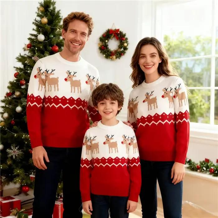 Pull de Noël Wapiti imprimé en coton et polyester pour enfants et adultes, ensemble familial assorti pour les occasions spéciales