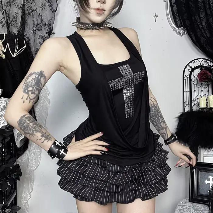[You're My Secret] Crop top sans manches style gothique en patchwork