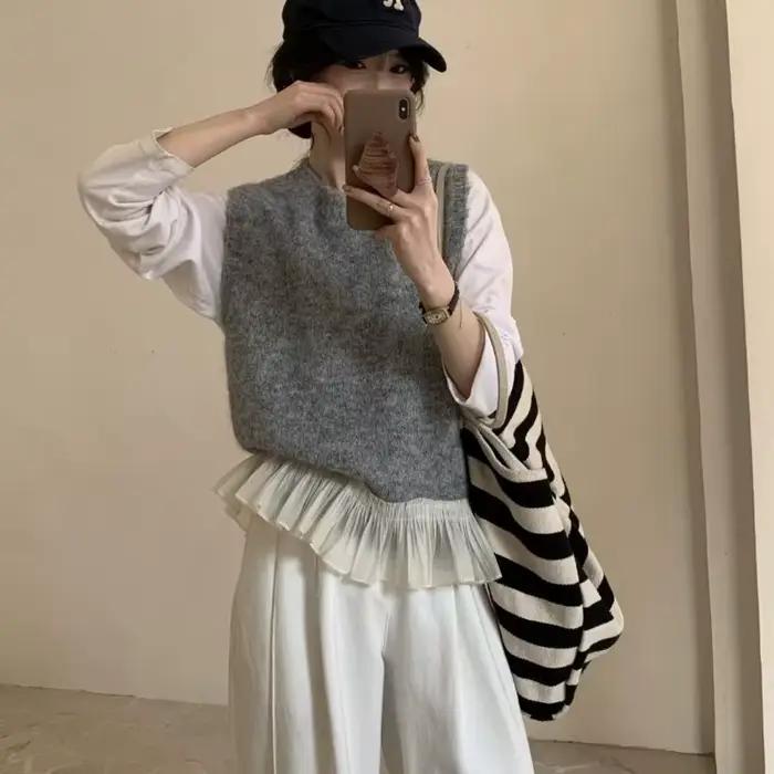 Gilet en tricot sans manches femme avec dentelle à volants et empiècements coupe ample style preppy pour toutes saisons occasions spéciales