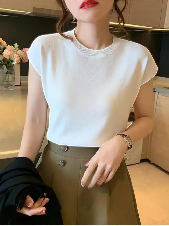 Pull-over tricoté décontracté à manches courtes et col rond pour femme