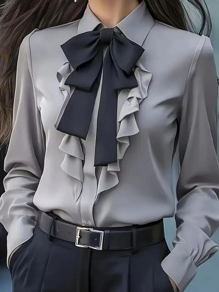 Chemisier formel à manches longues pour femmes avec col de chemise et nœud papillon pour soirées officielles automnales et occasions spéciales