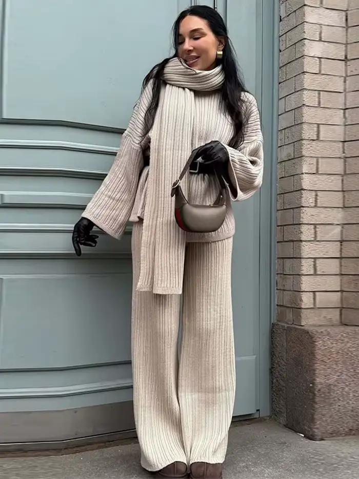 Mode surdimensionné tricoté femmes ensembles à manches longues écharpe pull pantalons longs tricot femme ensemble 2025 automne décontracté lâche dame costume