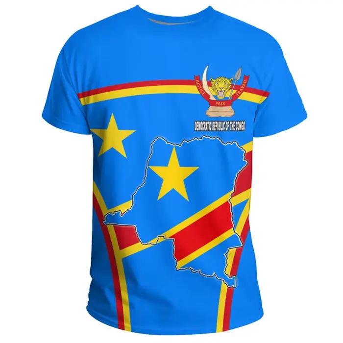 T-shirt à manches courtes col rond décontracté d'été avec emblème national imprimé en 3D du drapeau de la République démocratique du Congo