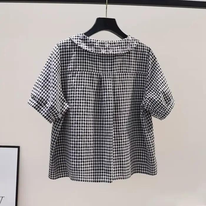 Chemise en coton à manches courtes pour femmes, à carreaux, brodée de fleurs