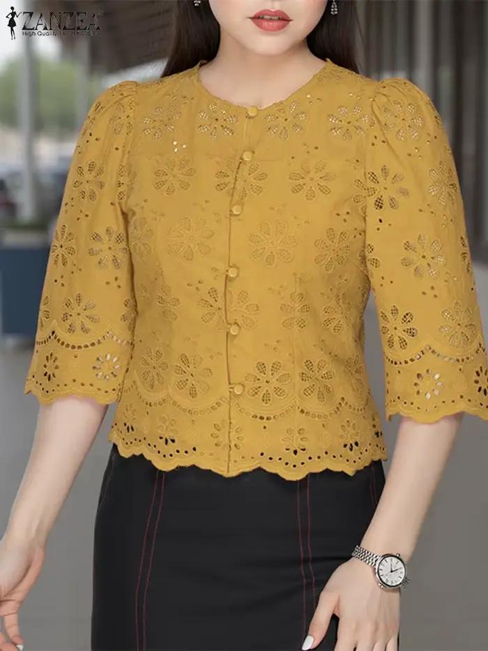Chemise ZANZEA en coton brodée florale à manches trois quarts pour femmes élégantes et décontractées occasions spéciales