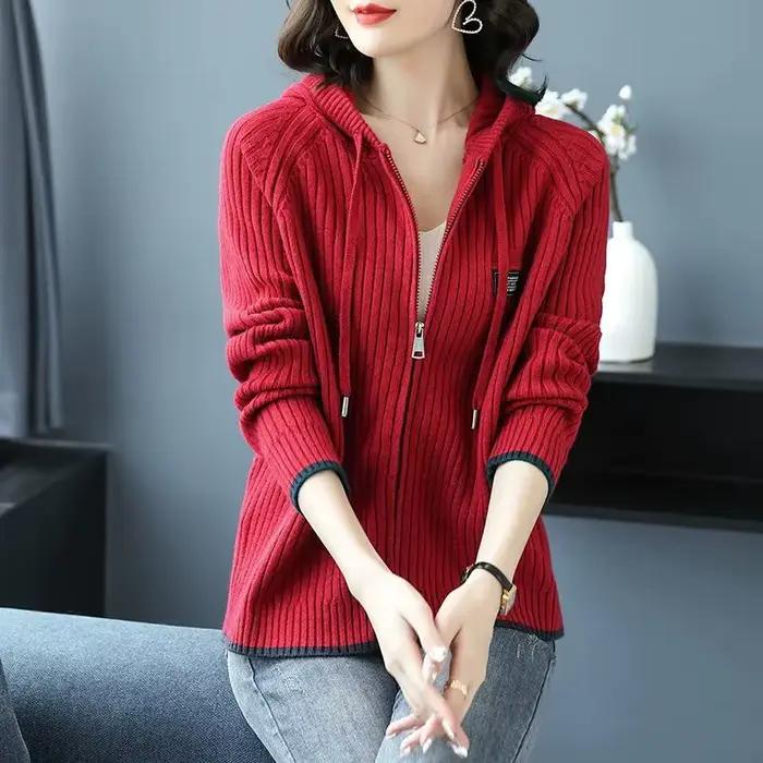 Pull tricoté femme avec fermeture éclair tenue de bureau haut manches longues pour travailler nouveau en tricots vestes élégantes Cardigan à capuche pour les femmes