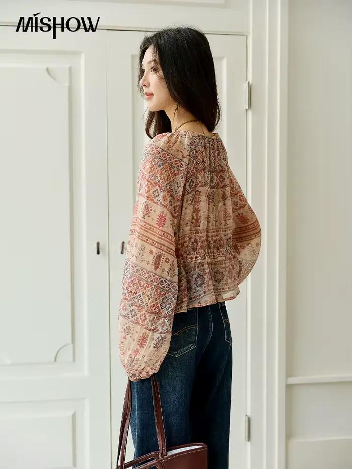 MISHOW Blouse femmes 2025 Style National imprimé taille col rond haut à manches longues trajet confortable automne