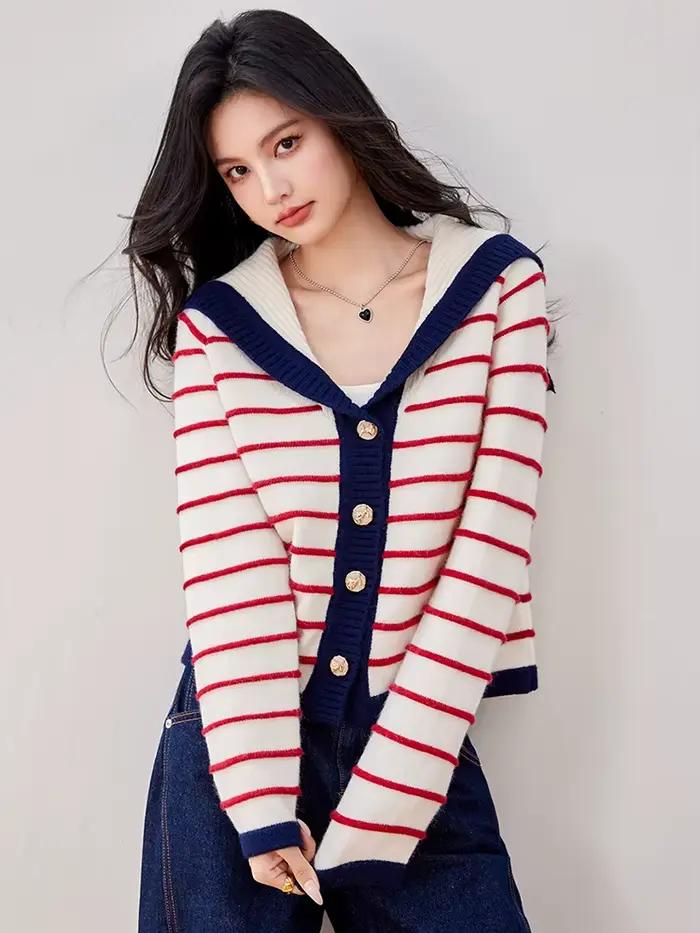Cardigan tricoté à col marin pour femme, simple boutonnage, pull rayé à revers, manteau décontracté à la mode, nouvelle collection automne 2025