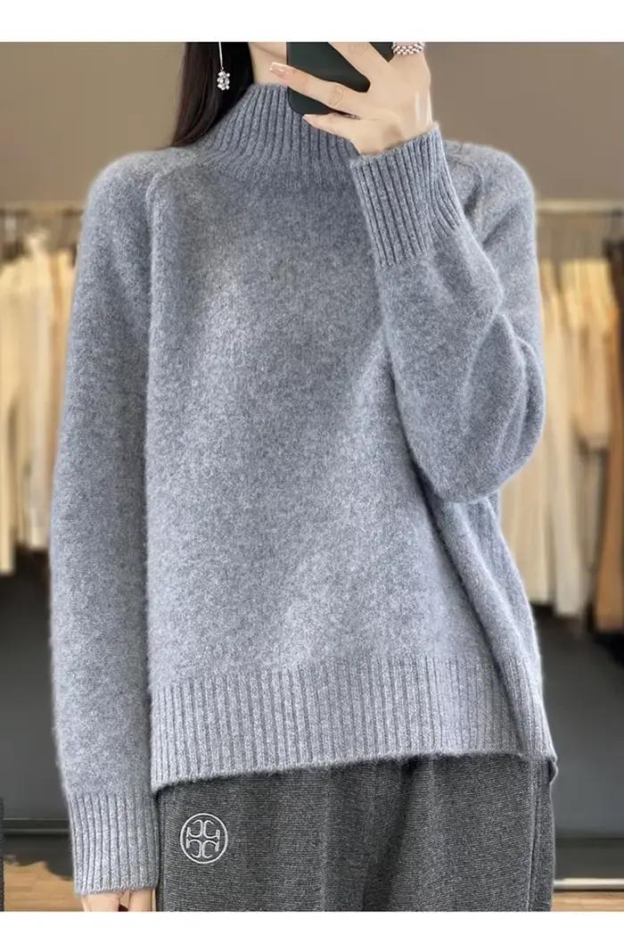 Pull en cachemire à col haut pour femme 100% laine douce épaissie