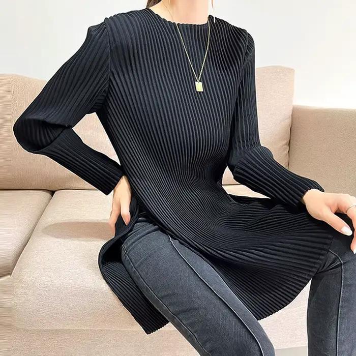 Haut plissé classique en polyester pour femmes, mi-long, noir, adapté aux hanches, printemps automne, occassions spéciales