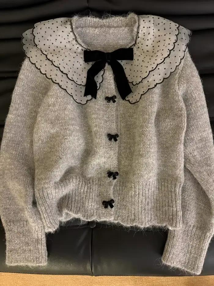 Nuisette kawaii en polyester et coton pour femme avec arc décoratif et collier Peter Pan pour occasions spéciales automne hiver