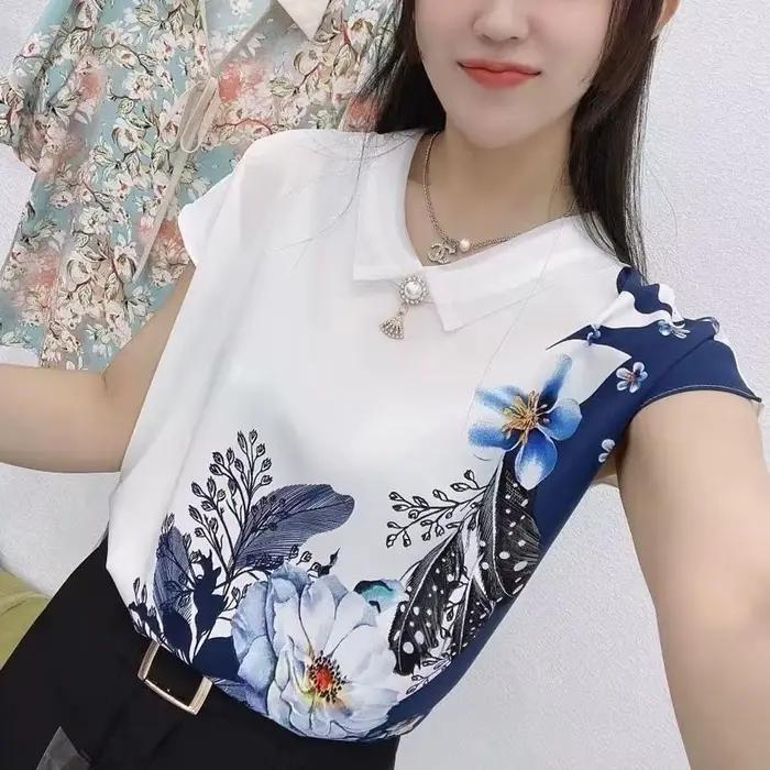 Élégant col rabattu Splice Loose Print Beaded top 2023 Summer New Casual pullover chemise asymétrique