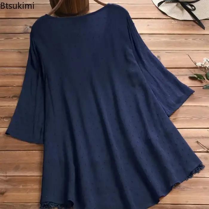 2026 femmes coton lin Blouse hauts mode dentelle évider col en v chemise dames rétro 3/4 manches ample décontracté