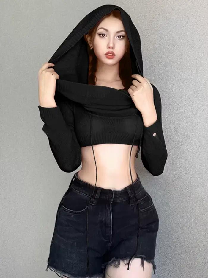 Haut court à capuche pour femmes, vêtements grunge, t-shirt super court, manches longues, accessoires Y2K