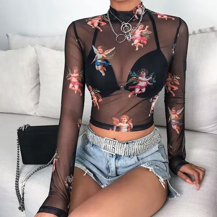 T-shirt à col roulé à manches longues en maille transparente pour femmes