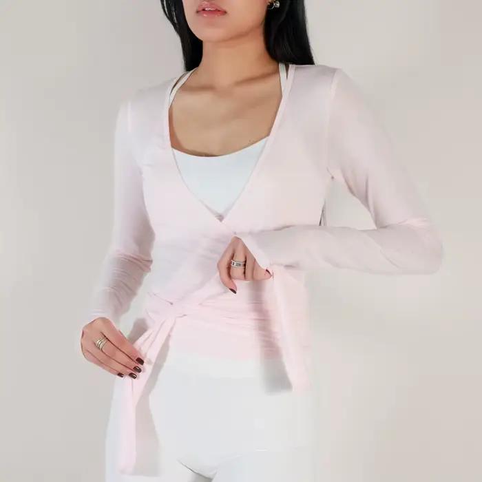 Offre spéciale dessus de Yoga femmes Ballet Wrap hauts couleur unie élégant col en V à manches longues entraînement T-Shirt pour sport Streetwear