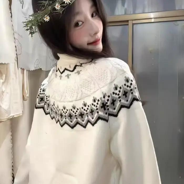 Nouvelle collection Hiver 2026 : Veste pull jacquard rétro haut de gamme en tricot chaud pour femme