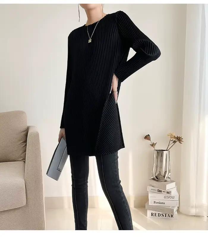 Haut plissé classique en polyester pour femmes, mi-long, noir, adapté aux hanches, printemps automne, occassions spéciales