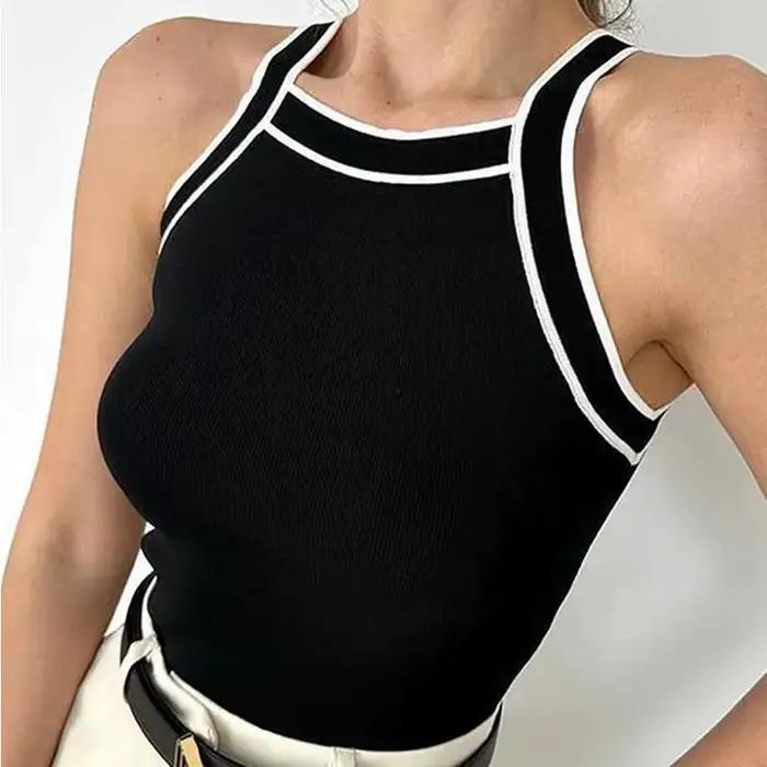 MUJER noir tricot débardeurs pour femmes sans manches haut court femme épaules nues tricoté