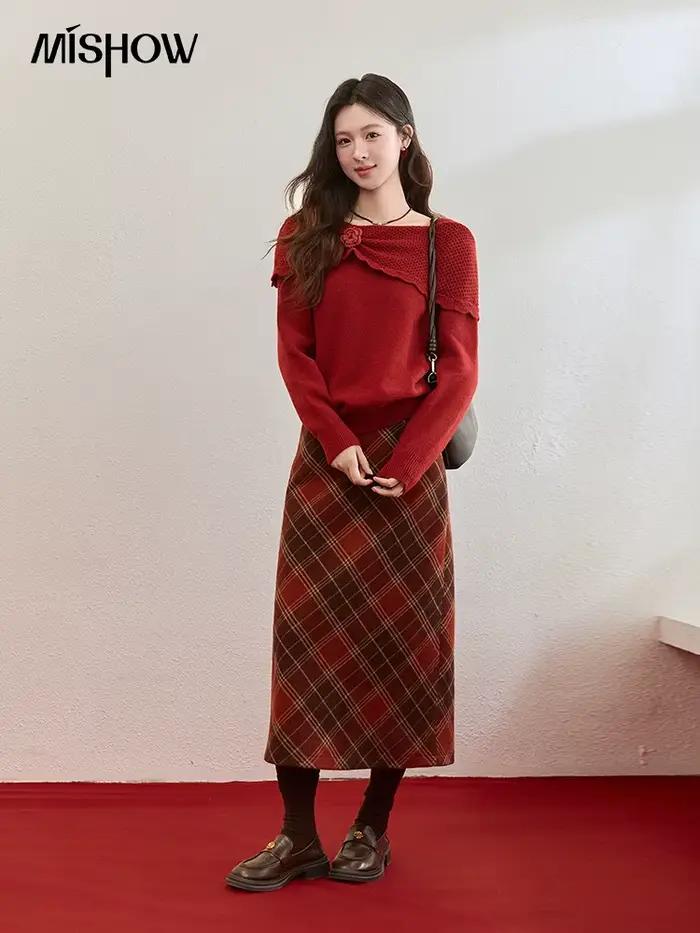 MISHOW nouvel an noël femmes pull rouge 2025 automne hiver doux élégant chandails 3D fleur alpaga tricoté hauts MXE94Z2889