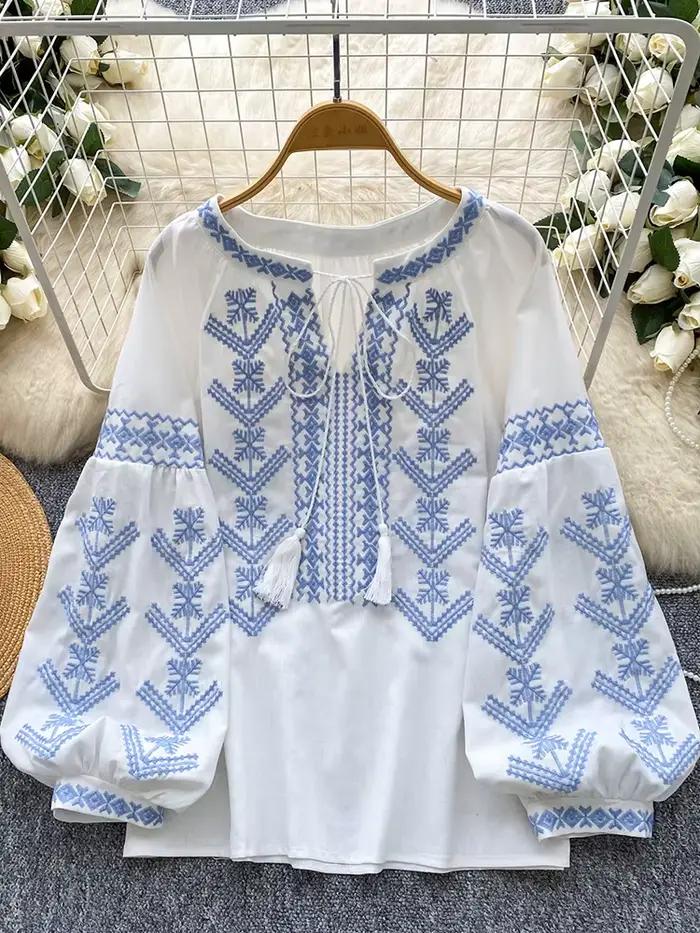 Femmes Blouse broderie automne à manches longues chemise rétro Style bohème cravate-teinture lanterne
