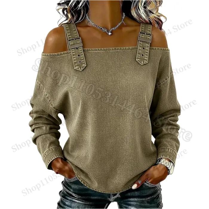Haut en jean pour femme élégant haut à épaules dénudées manches longues polyester occasionnels spéciaux