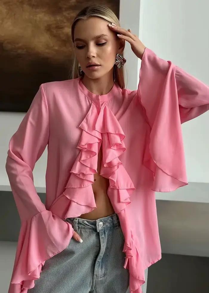 Chemisier en mousseline transparente à volants pour femme WXOY