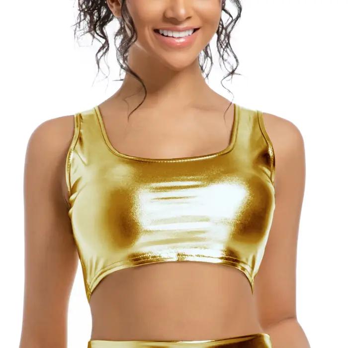 OVIGILY Haut court métallique pour femme – Débardeur extensible brillant pour vêtements de Rave
