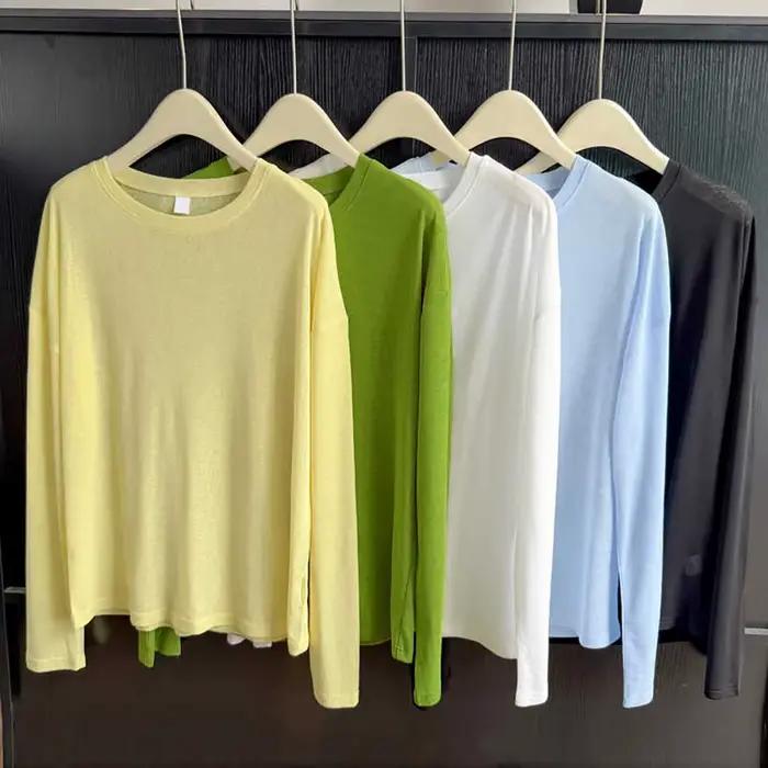 T-shirt à manches longues légèrement transparents pour femmes protection solaire été décontracté polyester ample confortable