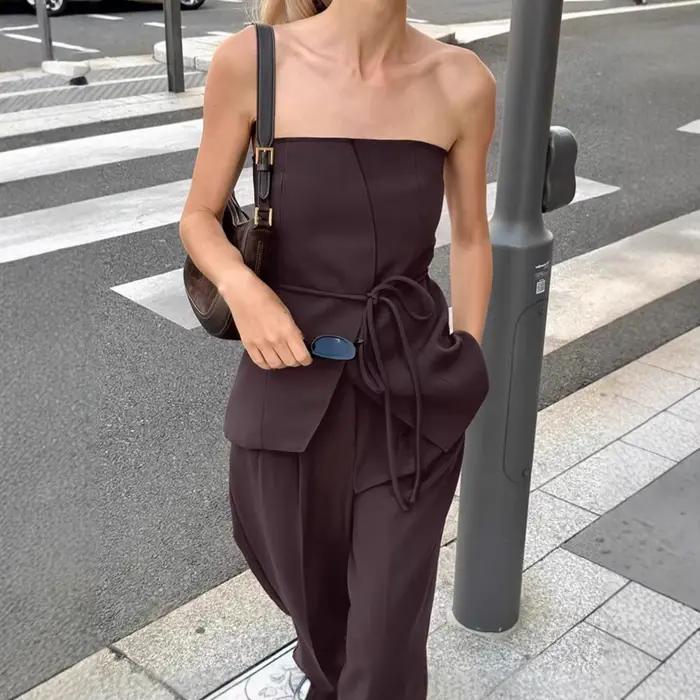 Ensemble deux pièces marron pour femme : débardeur tube et pantalon large
