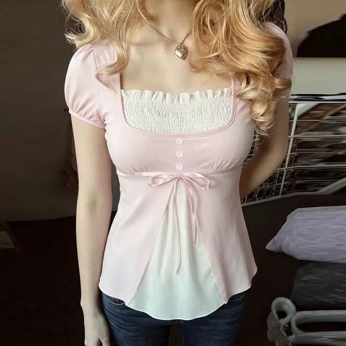 [RUOKE] Blouse décontractée Y2K contrastée pour femme